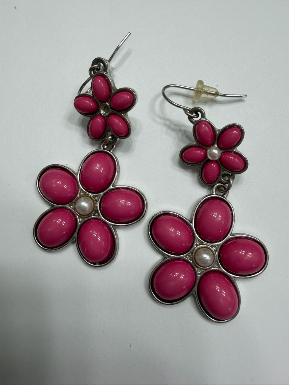 Pink Floral Drop Earrings - Pearl Accent